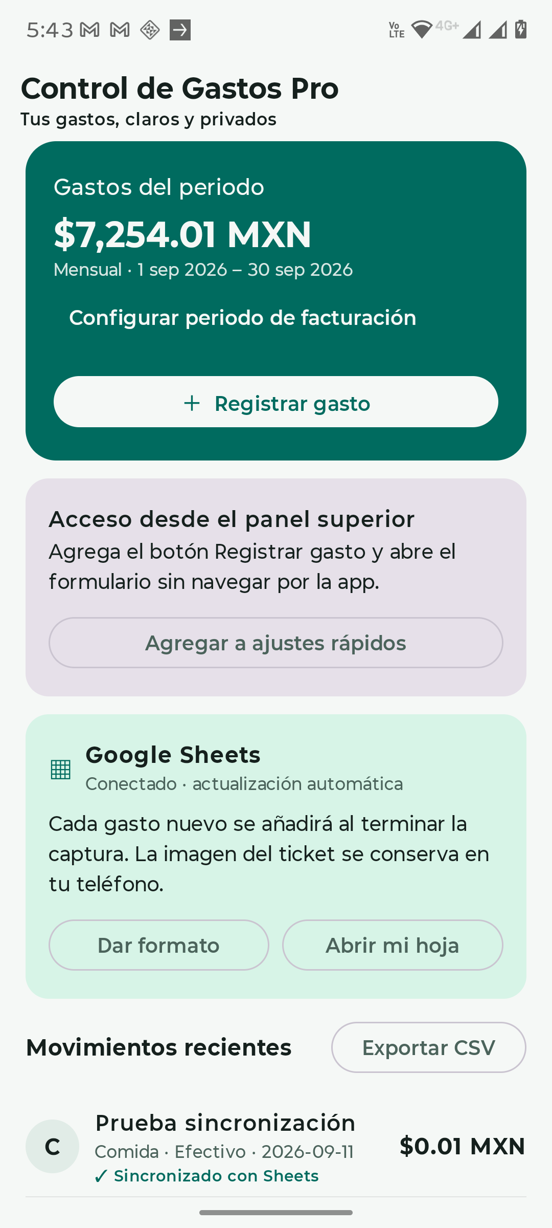 Panel de Control de Gastos Pro con periodo y sincronización con Google Sheets